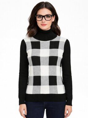 C by Bloomie's Checkered Cashmere/Wool Turtleneck Fall Gift Preppy Winter Work